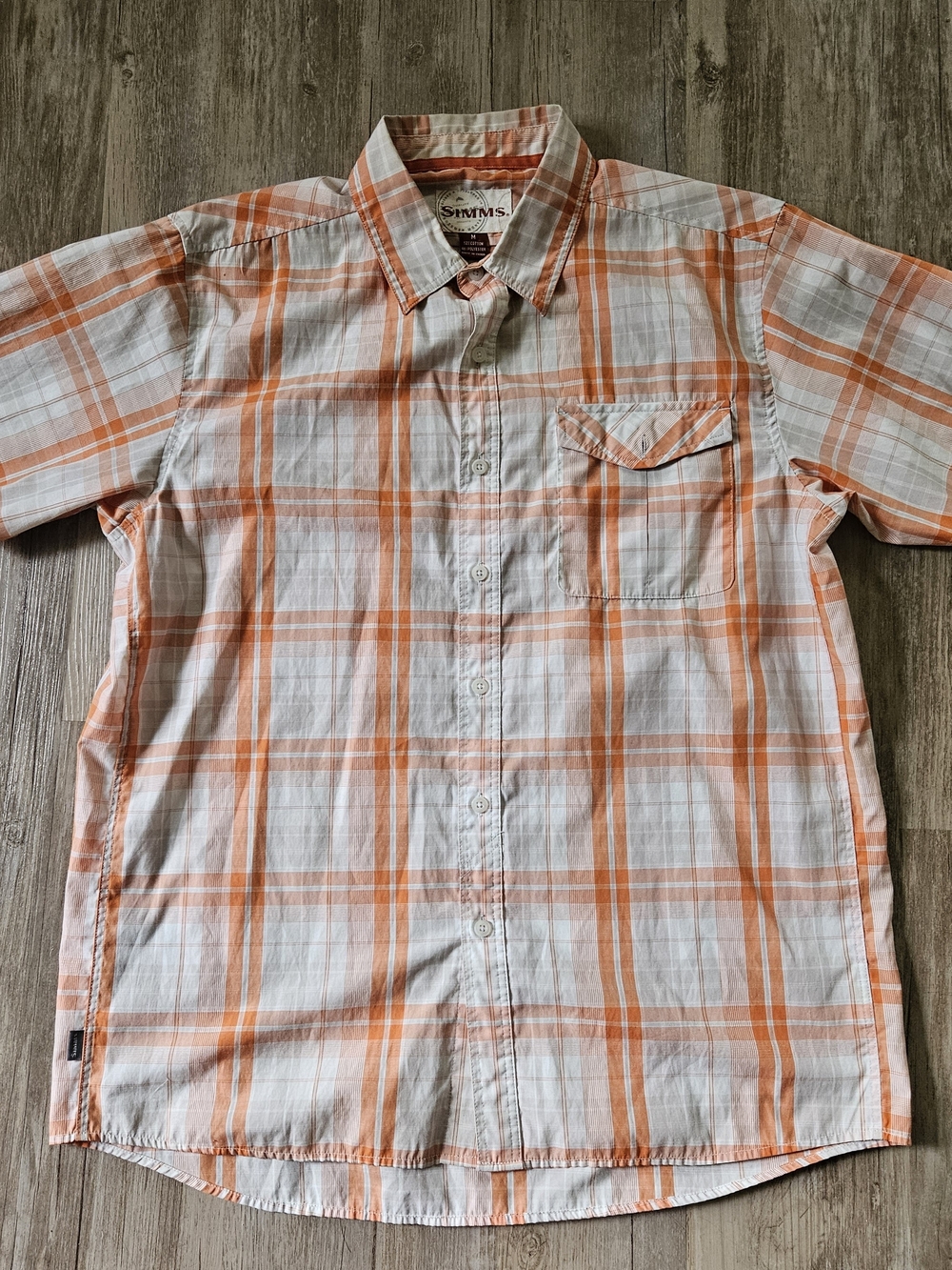 Simms Men's Orange And White Plaid Short Sleeve Fishing Button-Up Shirt Medium